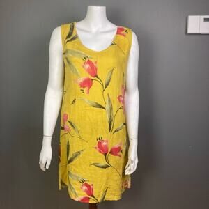 Anna Melani Dress Size M 100% Linen Sleeveless floral Tropical sheath Yellow